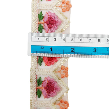 9 Yards Peach Soft Net Lace Trim Floral Embroidery and Gold Sequins, Floral Sari Border, Decorative Trim